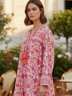 SZ BLOCKPRINTS Indian Floral Print Cotton Dress Tassels Magenta Tangerine Large